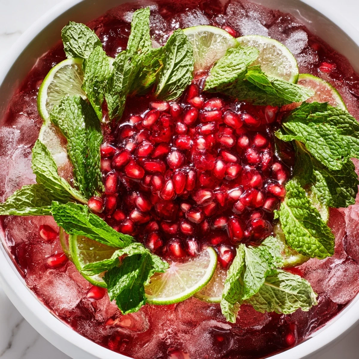 A refreshing Pomegranate and Mint Wreath, garnished beautifully with lime, mint, and ruby-red pomegranate seeds.