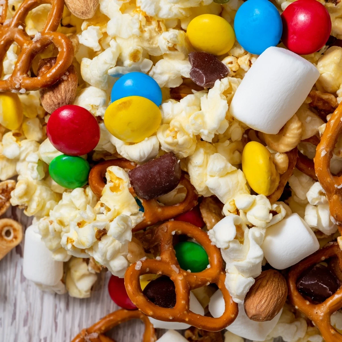 Fresh popcorn overflowing from themed boxes alongside assorted treats for a delicious movie night snack.