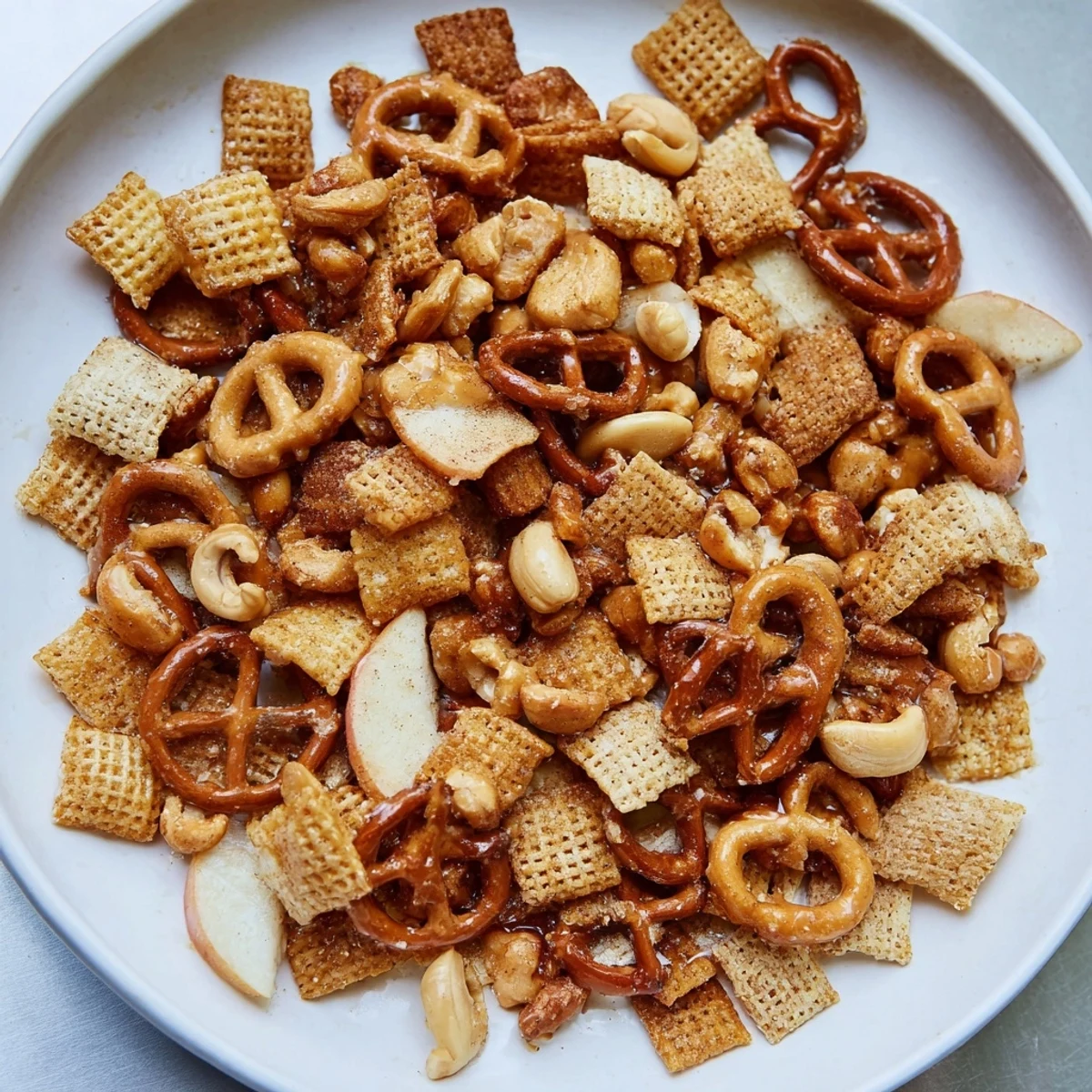 Golden, crispy Party Mix: Sparkling Cider Snack Mix, perfect for sharing at holiday gatherings this year.