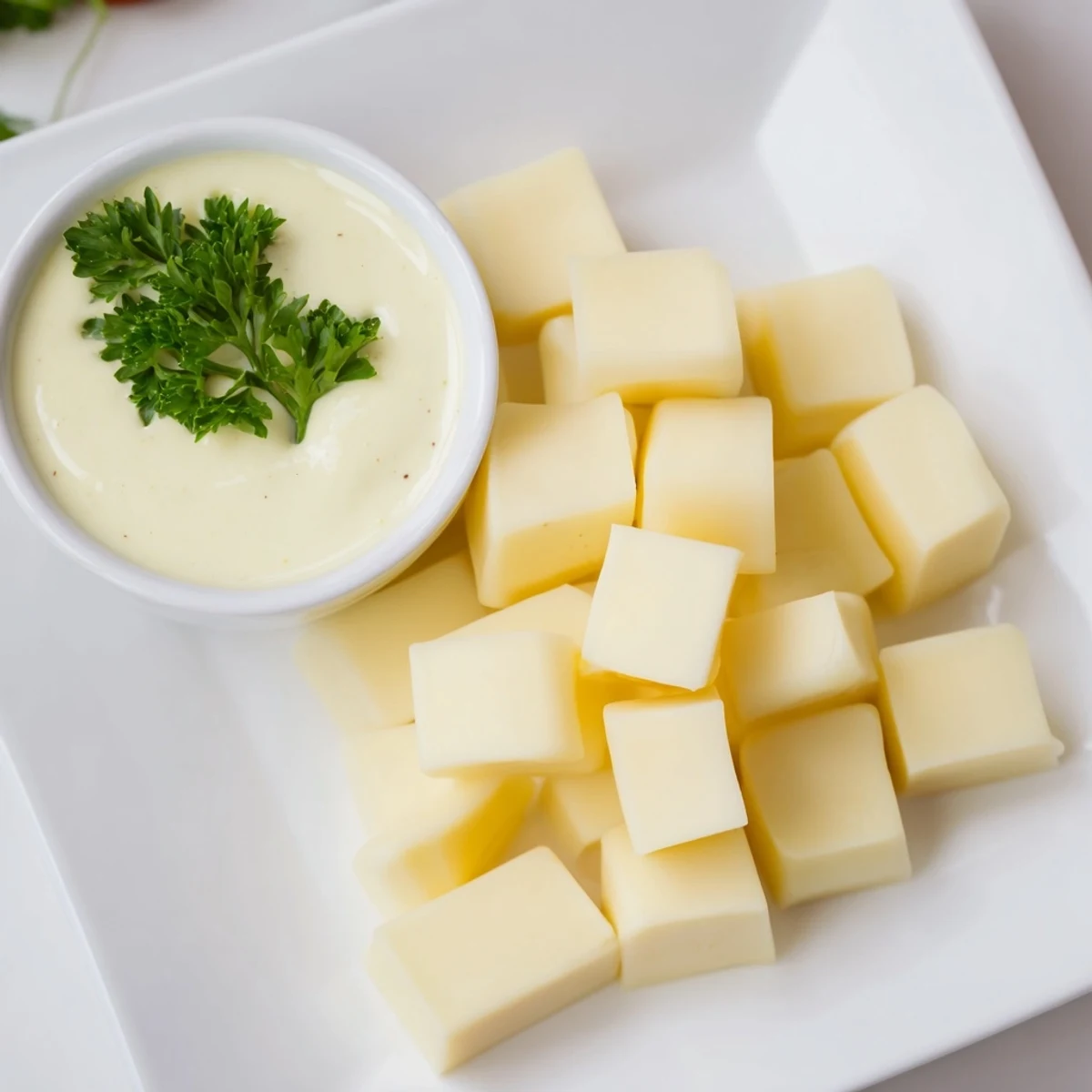 A vibrant close-up shows a cheese platter with Gouda cubes perfect with the tangy mustard dip.