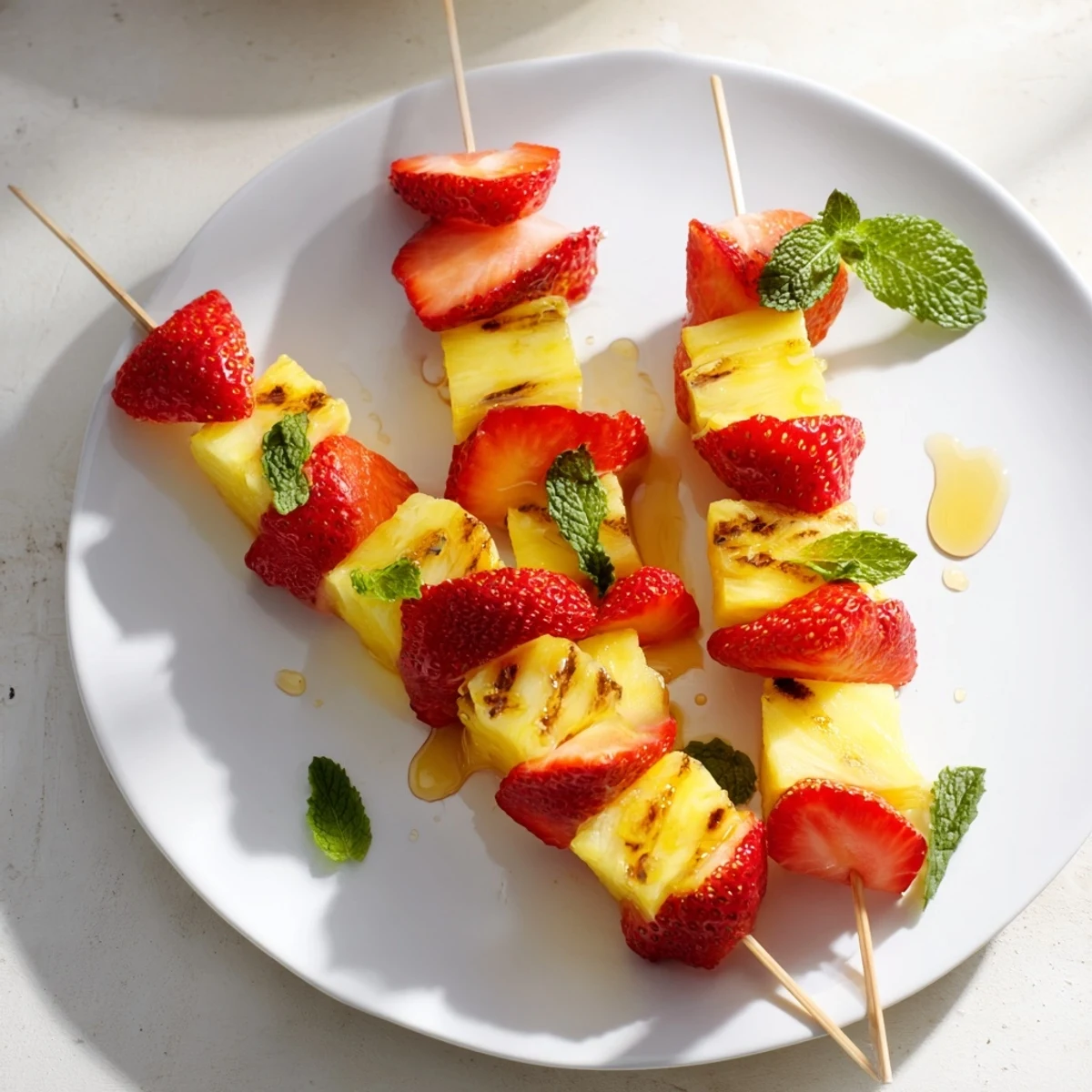 Sweet strawberry halves and juicy pineapple chunks threaded onto skewers, a perfect fruit recipe.