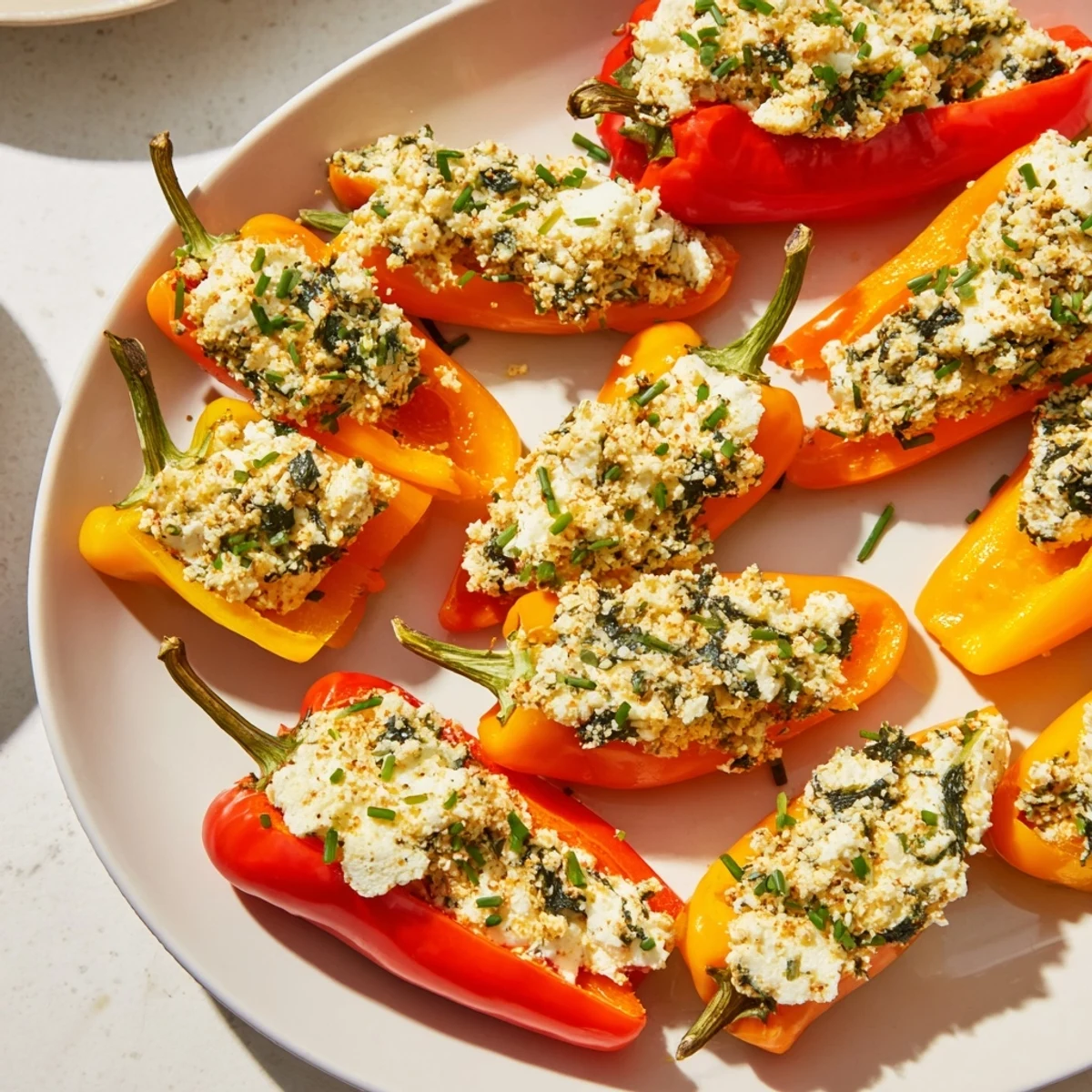 Savory feta-stuffed mini bell peppers, offering a delicious Mediterranean bite and colorful appeal.