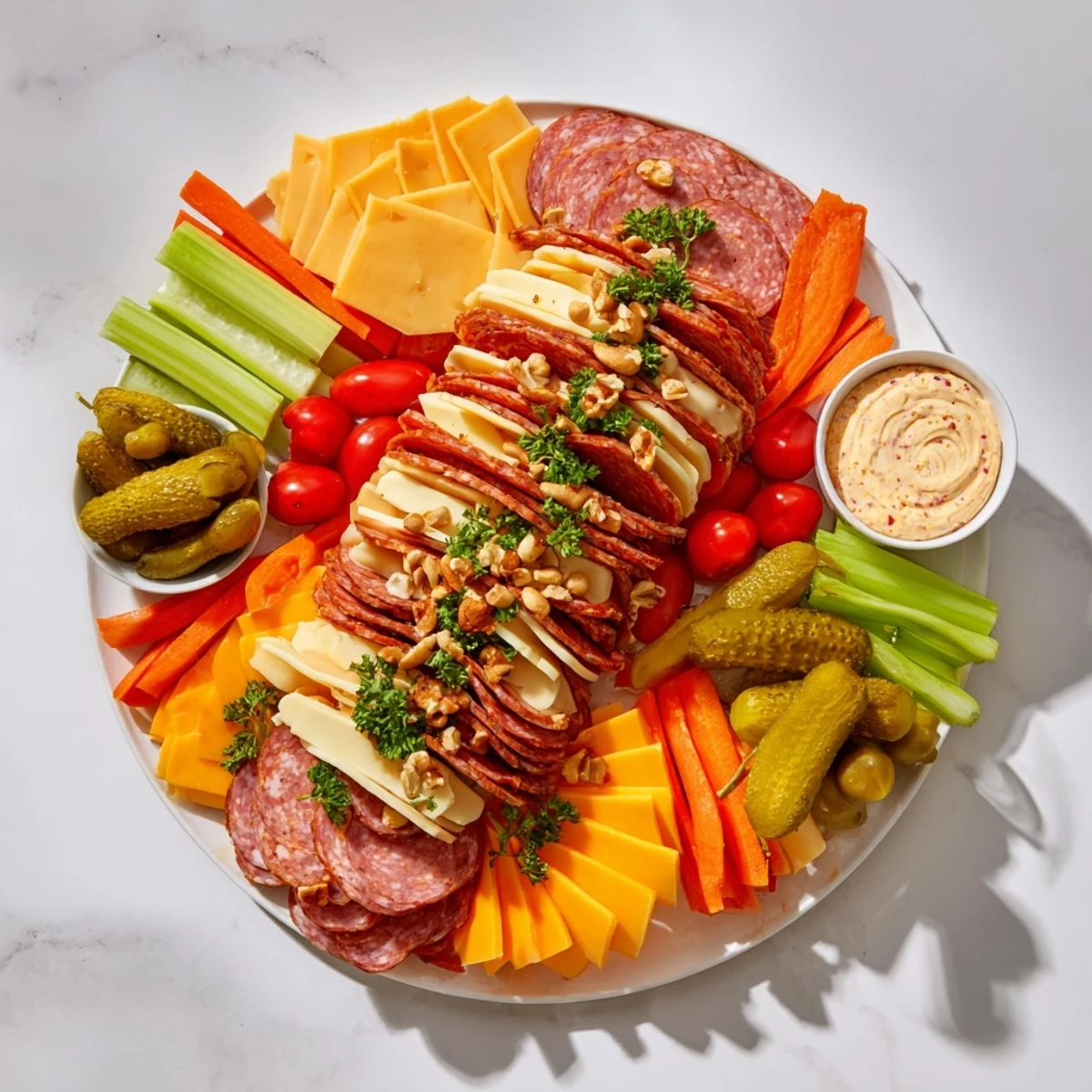 A loaded Tailgate Party Power Stack with savory meats, cheeses, crackers, and colorful veggies ready to share!