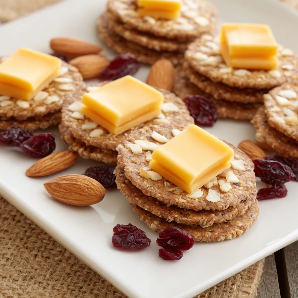 Work From Home Desk Treat: a close-up of cheese and crackers, ready for a quick, delicious snack.