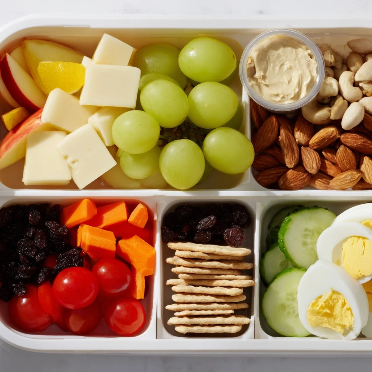 Delicious Road Trip Snack Box: A close-up view of a vibrant, pre-portioned collection for easy on-the-go eating.