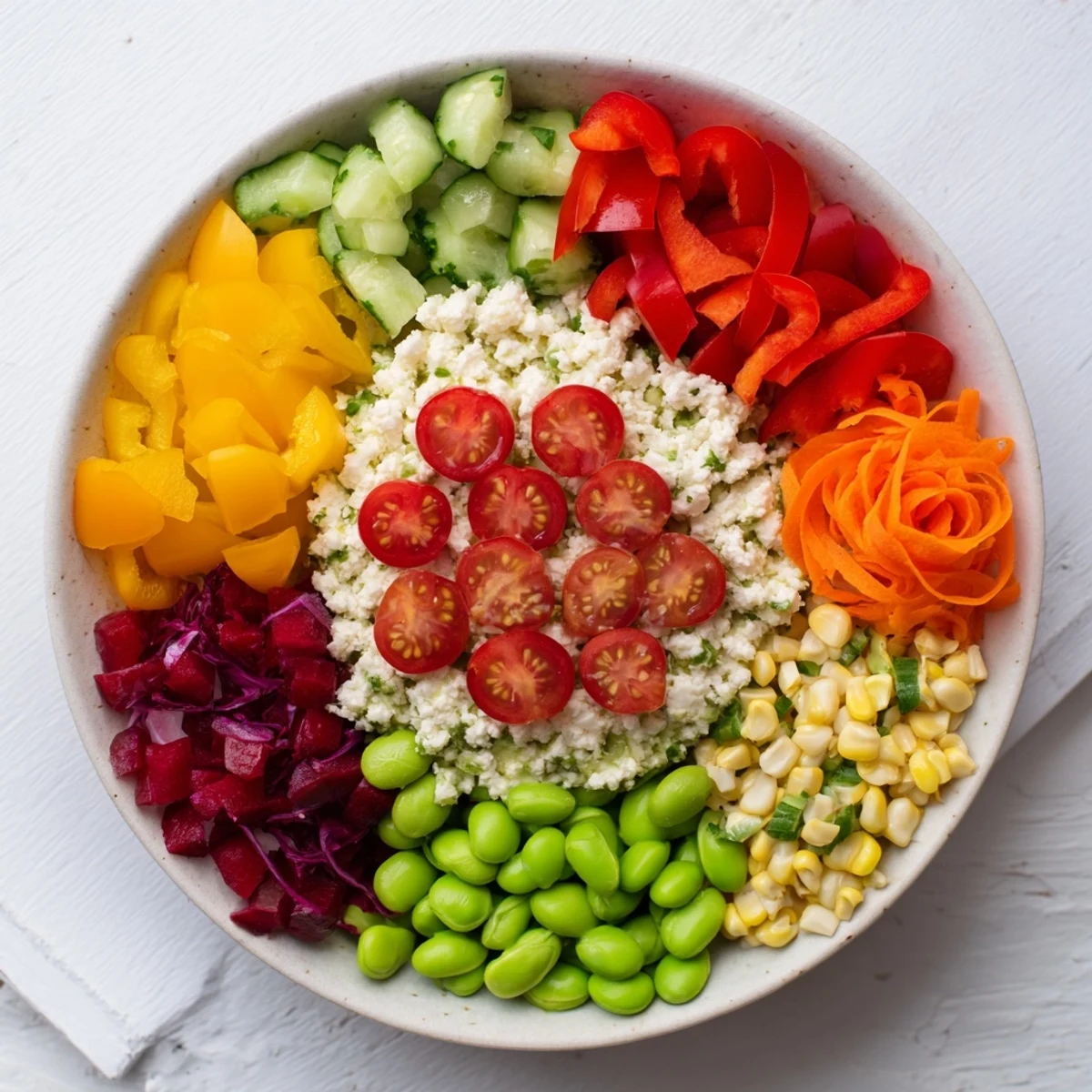 Imagine a refreshing The Prism Burst salad with radiant layers of colorful fruits and vegetables drizzled in dressing.