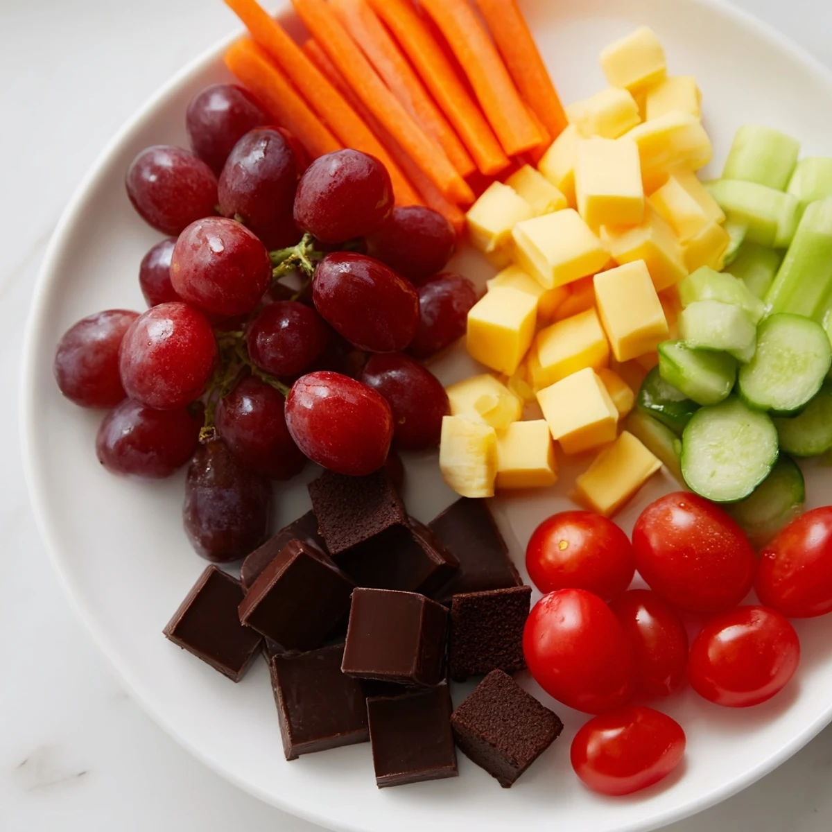 Delectable Fox & Friends Snack Tray overflowing with crisp carrots, sweet strawberries, and cheddar cheese cubes for sharing.