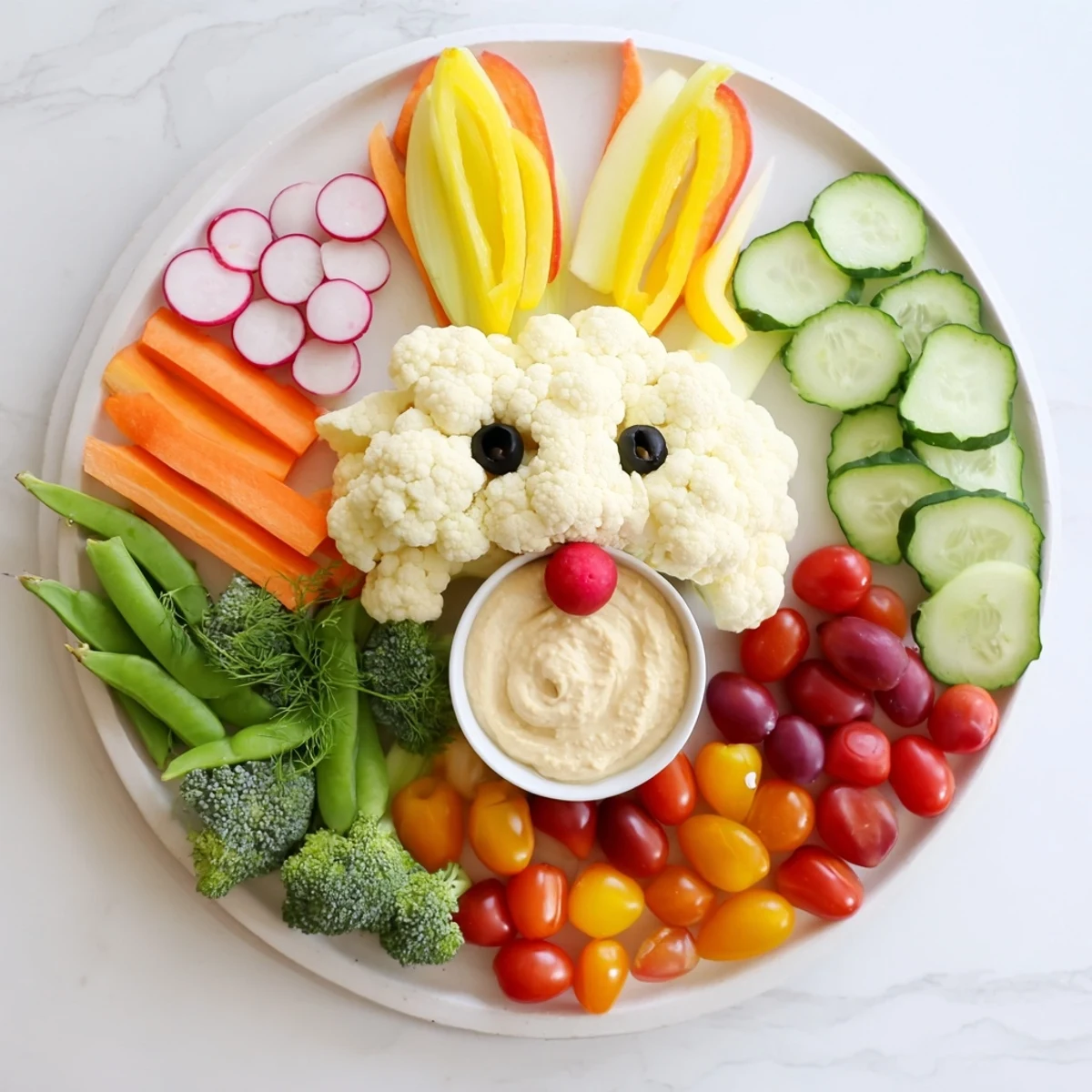 A vibrant Bunny Meadow Veggie Board with colorful vegetables and creamy dip, ideal for springtime snacking.