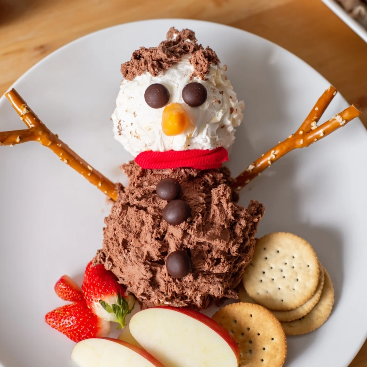 Hot cocoa dip snowman, a festive dessert, is charmingly decorated with pretzel arms and smiling face.