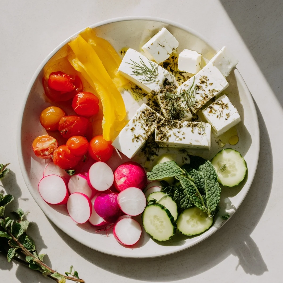 Cool, crisp sun-drenched patio mezze, complete with feta and vibrant ingredients, is a delightful appetizer.