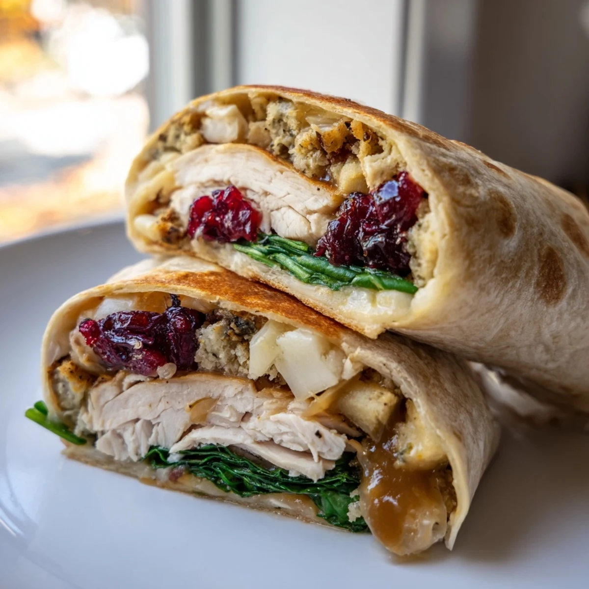 Toasted tortilla filled with flavorful Moist Maker Chicken Wrap, including juicy chicken, tangy cranberry sauce and greens.