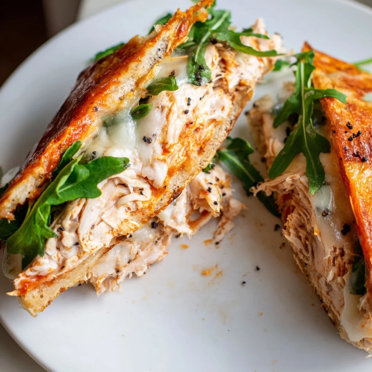 Golden-crusted leftover pizza chicken sandwich, oozing melted cheese, ready for a comforting bite.
