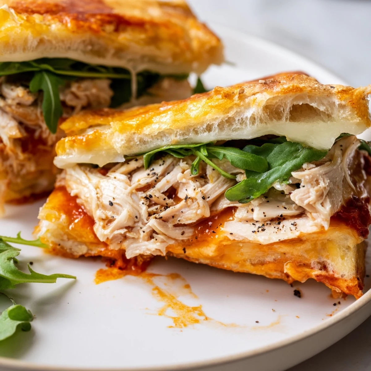 Savory and hearty leftover pizza chicken sandwich, a satisfying fusion of flavors with fresh arugula.