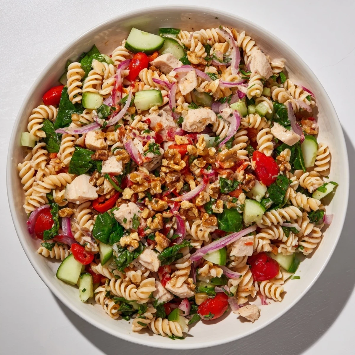 Pasta salad with cranberry vinaigrette, featuring chicken, vibrant veggies, and tangy homemade dressing.
