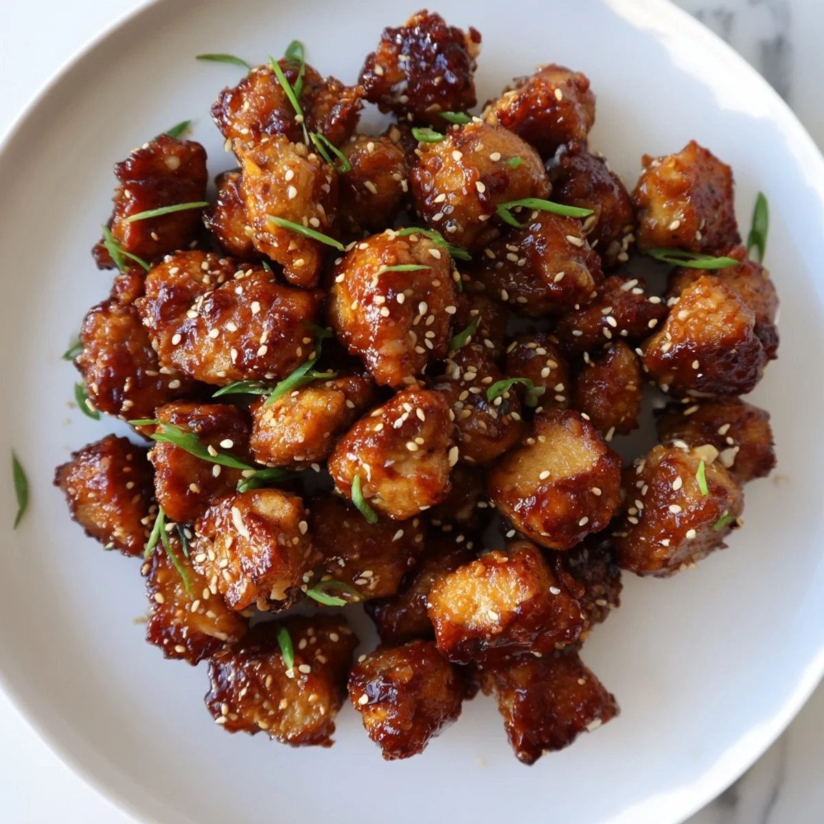 Close-up of juicy, sweet-savory Air Fryer Chicken Bites, perfect for a party, with fresh green onion garnish.