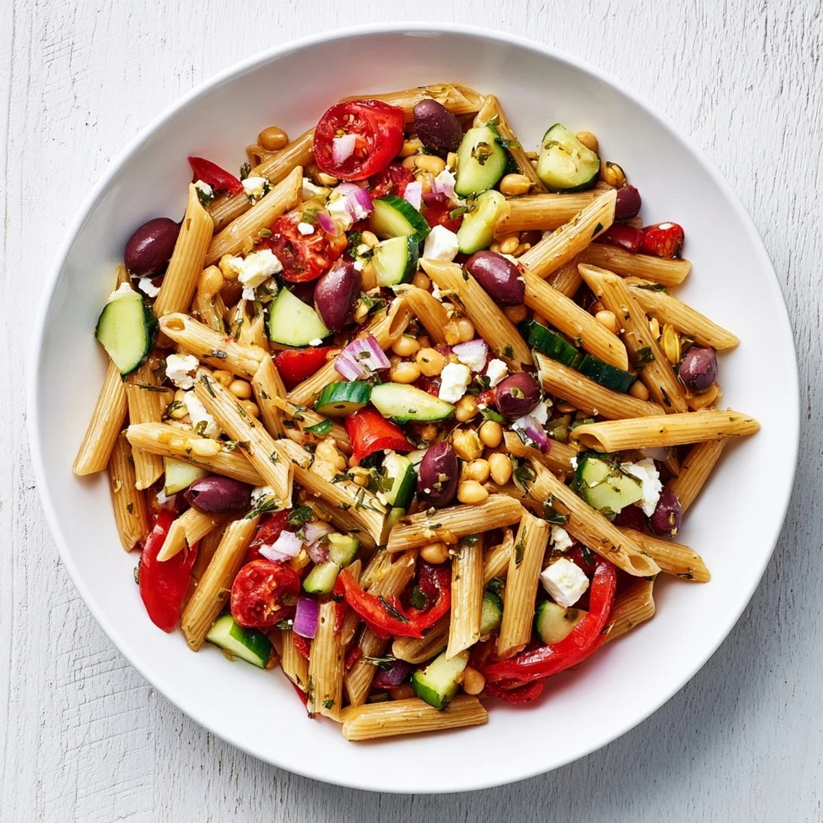 Mediterranean pasta salad with chickpeas, bursting with fresh veggies and tangy feta, ready to serve.