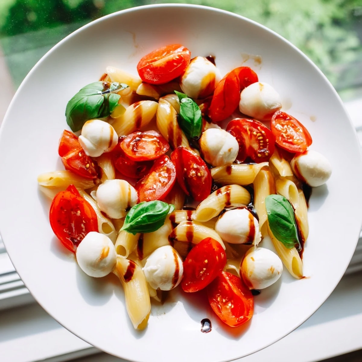 Close-up of Caprese Pasta Salad: a refreshing Italian salad with pasta, mozzarella, and basil.