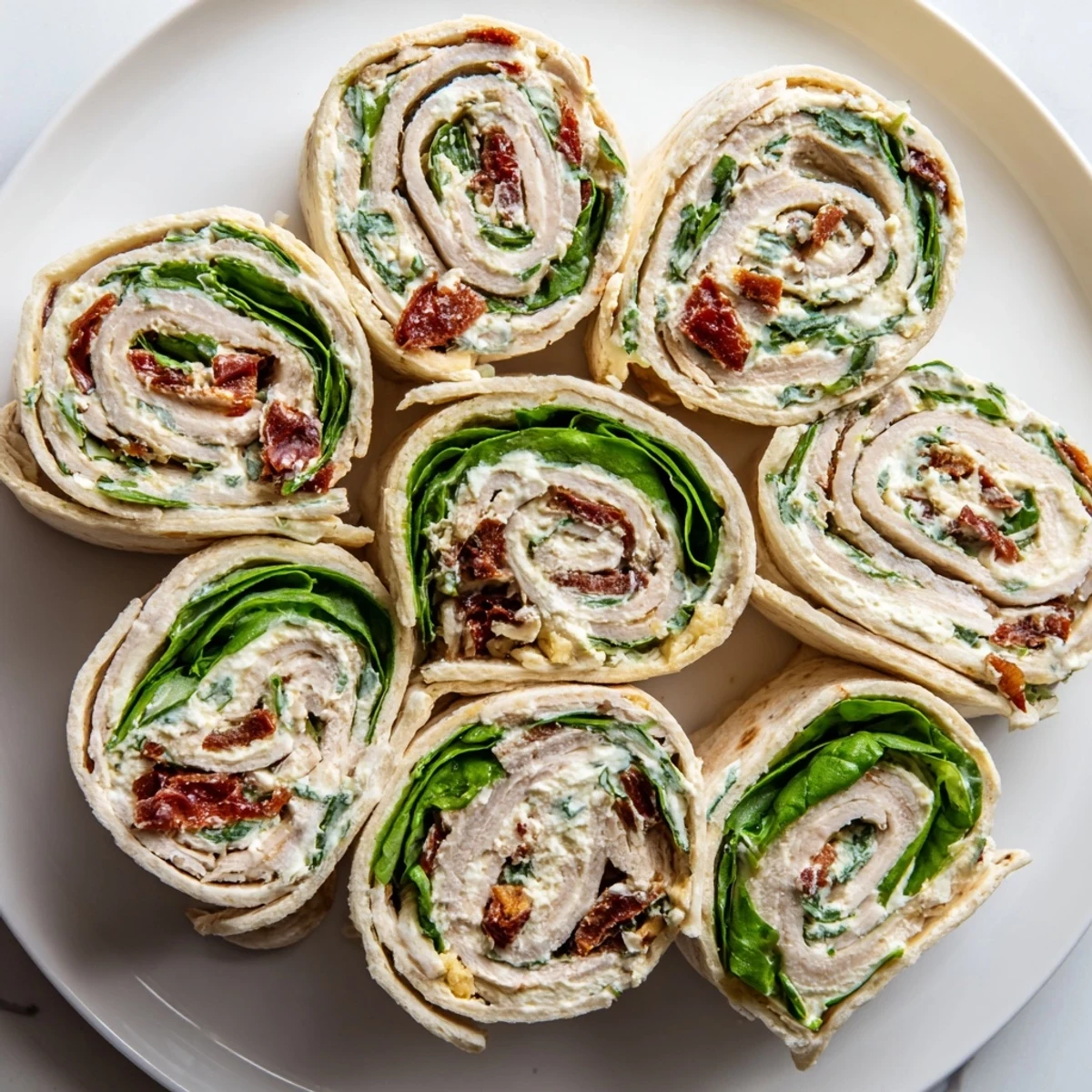 Vibrant sun-dried tomato turkey roll-ups displayed, showcasing creamy filling with fresh spinach, ideal for a light lunch.