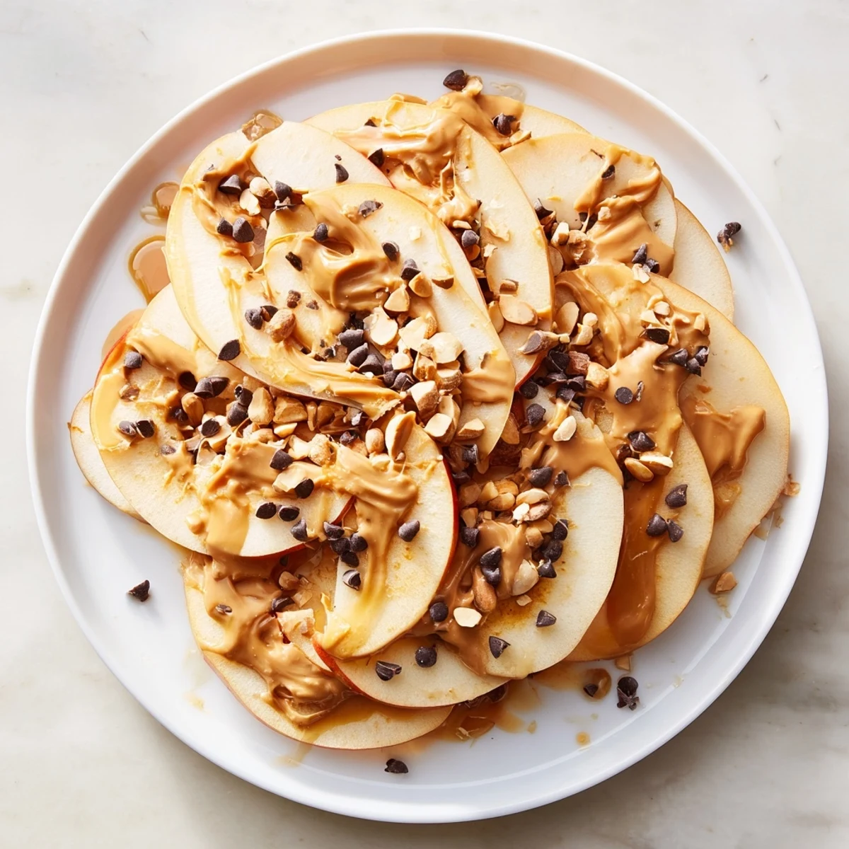 Sweet and savory Peanut Butter Apple Nachos: experience the creamy peanut butter drizzled over fresh apples.