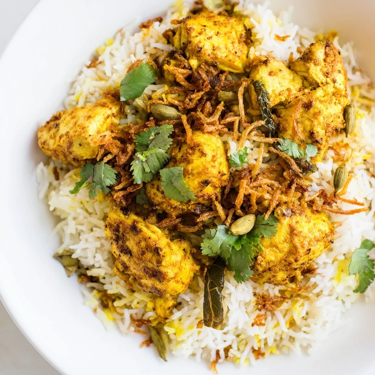 Golden-hued Easy Chicken Biryani, served with fresh cilantro and a lemon wedge for vibrant flavor.