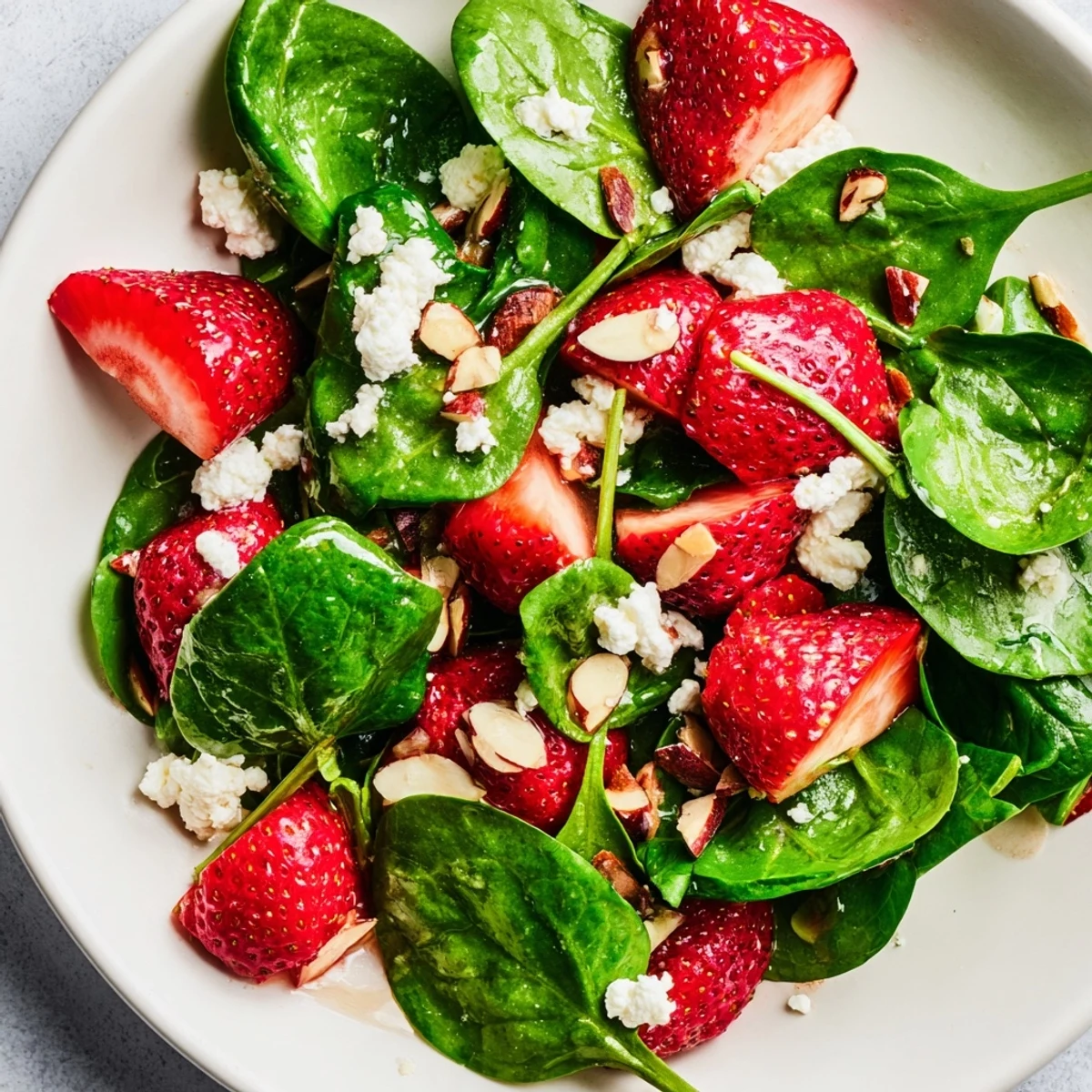 Vibrant Strawberry Spinach Salad with fresh strawberries, feta, and toasted almonds, ready to enjoy.