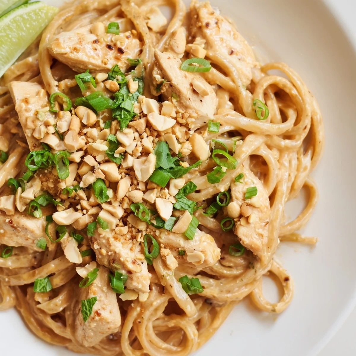 Steaming bowl of Thai Peanut Chicken Pasta, glistening with peanut sauce and fresh herbs, ready to serve.