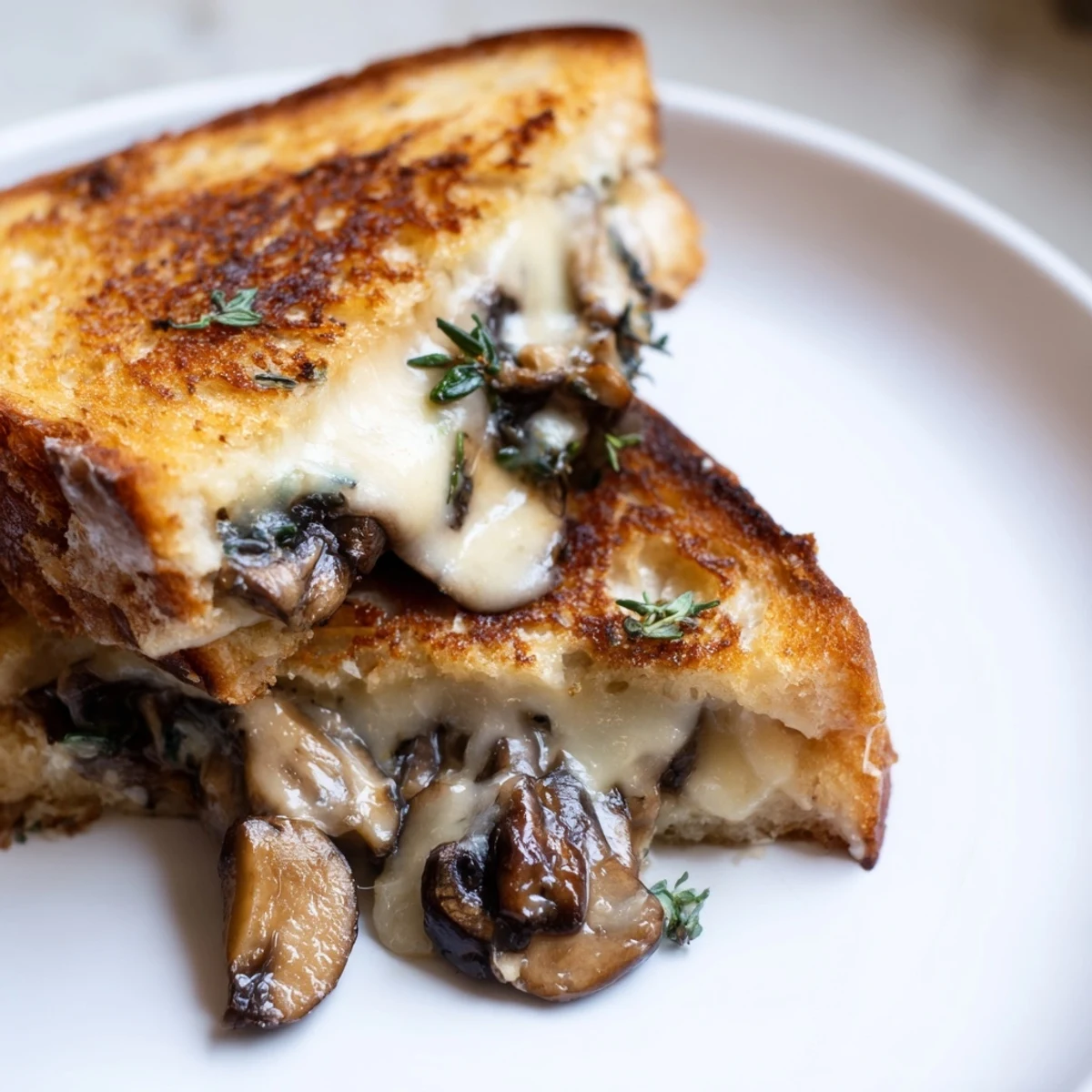 Golden-brown sourdough holds a delicious Creamy Mushroom Grilled Cheese, oozing with cheesy, creamy goodness.