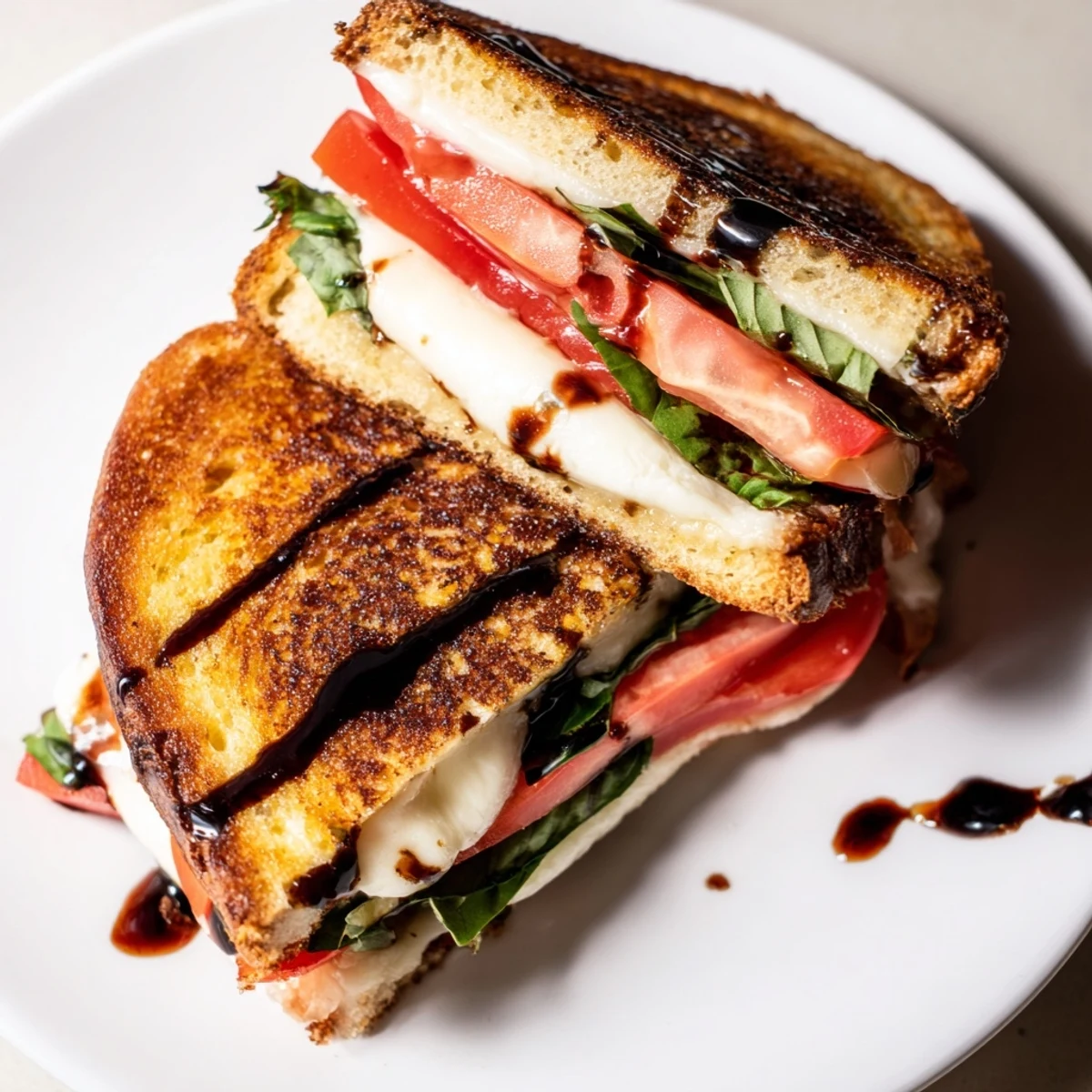 Golden, cheesy, Caprese Salad Grilled Cheese, with warm, melted mozzarella and juicy tomato slices.