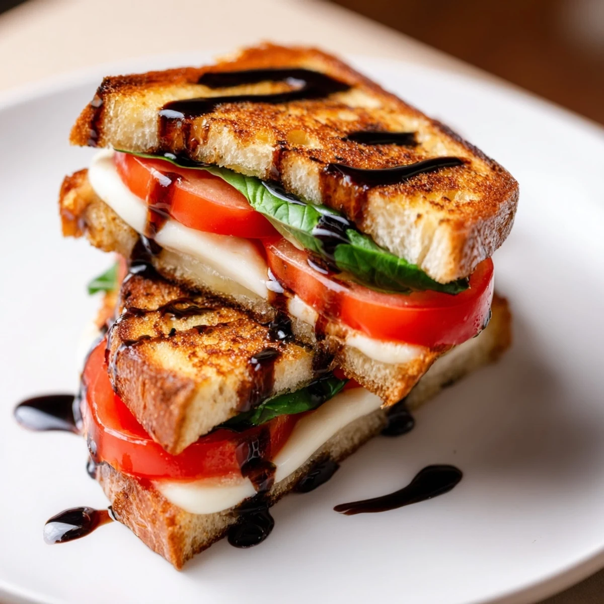 Imagine the toasted bread: a perfect Caprese Salad Grilled Cheese with balsamic glaze and fresh basil.