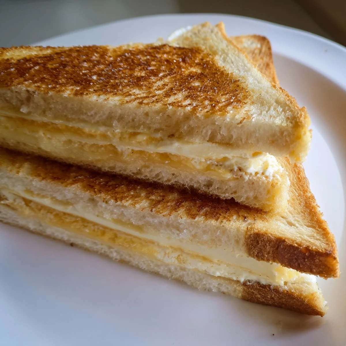 Crispy, golden-brown Mayo Grilled Cheese sandwich, freshly sliced, a classic comfort food.