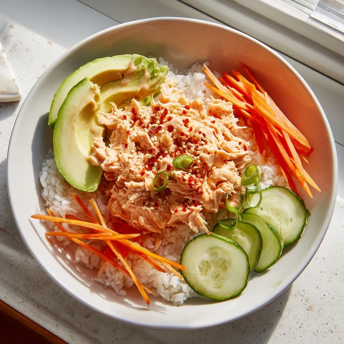 Fluffy rice bowls topped with flavorful Spicy Canned Salmon, fresh veggies, and sesame seeds.