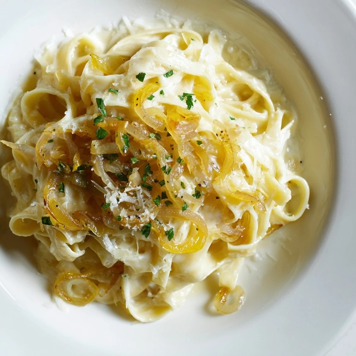 Golden caramelized onions and melted cheese atop the bubbling One-Pot French Onion Pasta, a hearty meal.