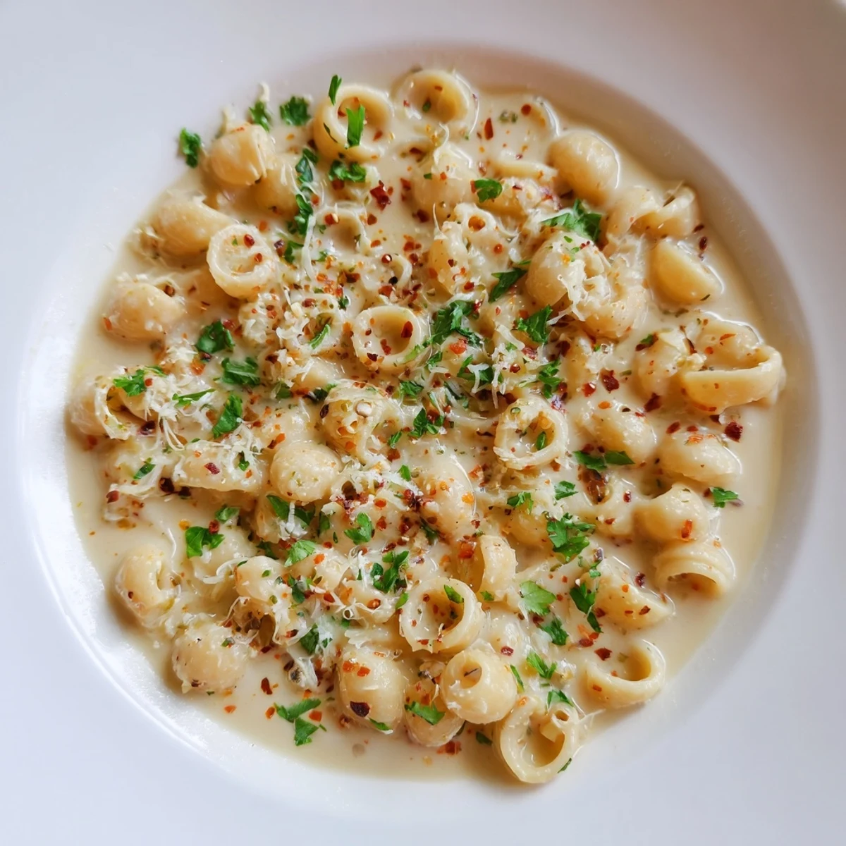 Creamy ditalini pasta boasts a rich garlic sauce, garnished with fresh parsley for a flavorful delight.