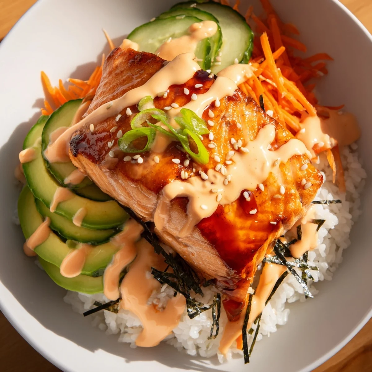 Golden-brown teriyaki salmon glistens atop a fluffy rice bowl, surrounded by fresh veggies.