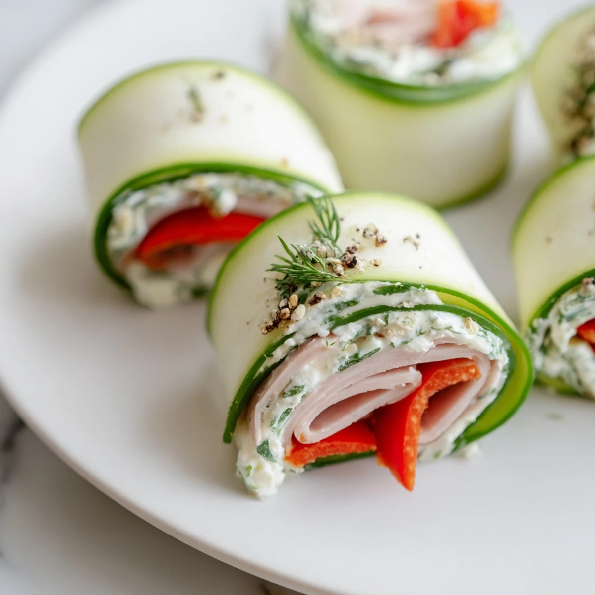 Freshly made cucumber roll-ups featuring deli meat and cream cheese, a perfect keto snack.