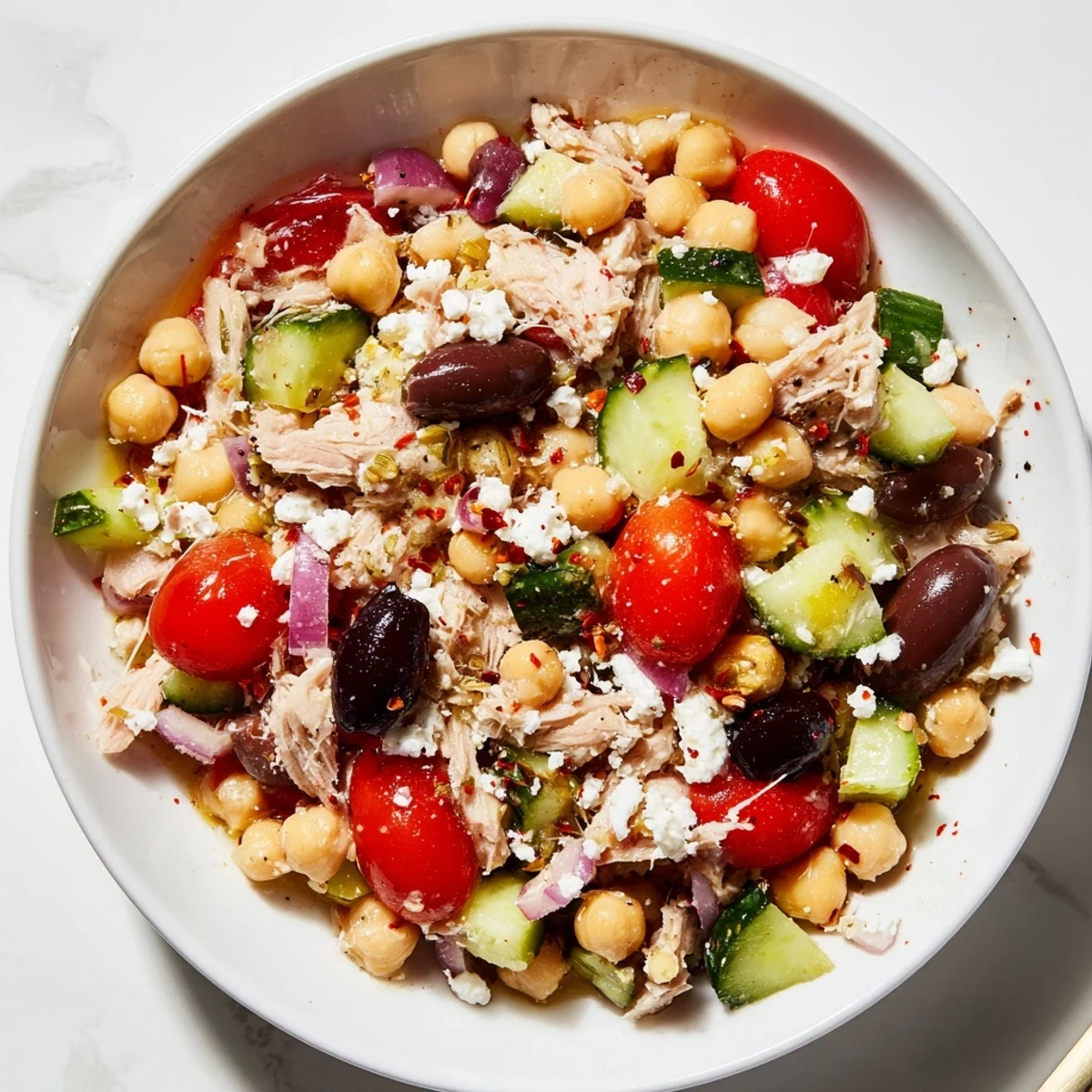 Fresh, flavorful tuna chickpea salad: imagine the bright red tomatoes and fresh parsley mixed with tuna.