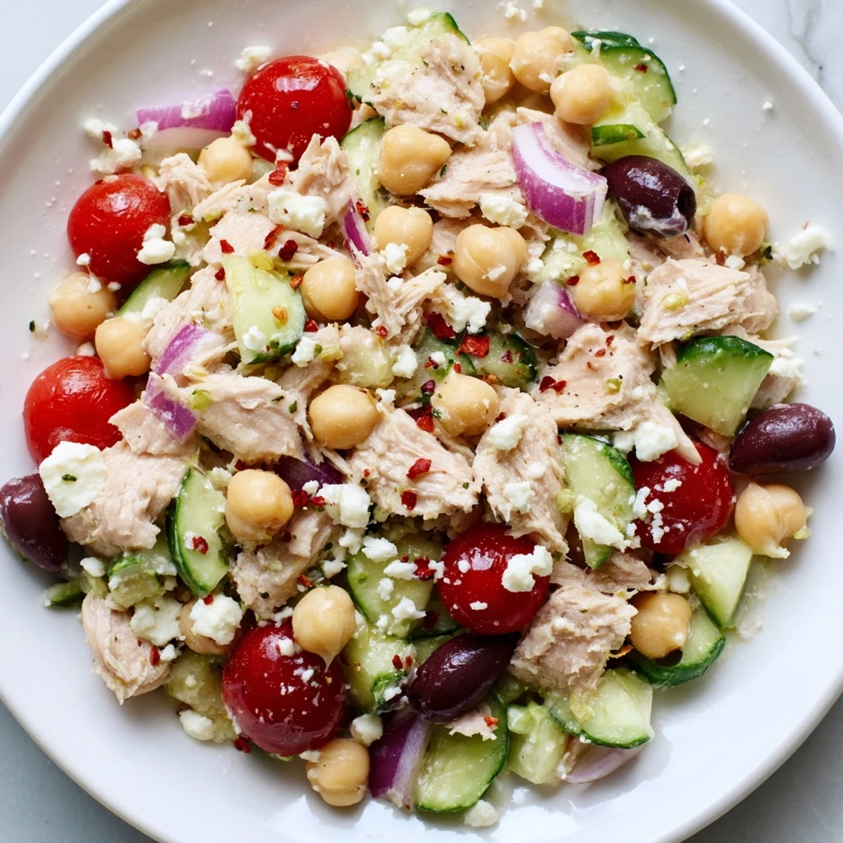 Vibrant tuna chickpea salad: a colorful bowl with tuna, tomatoes, and zesty lemon dressing.