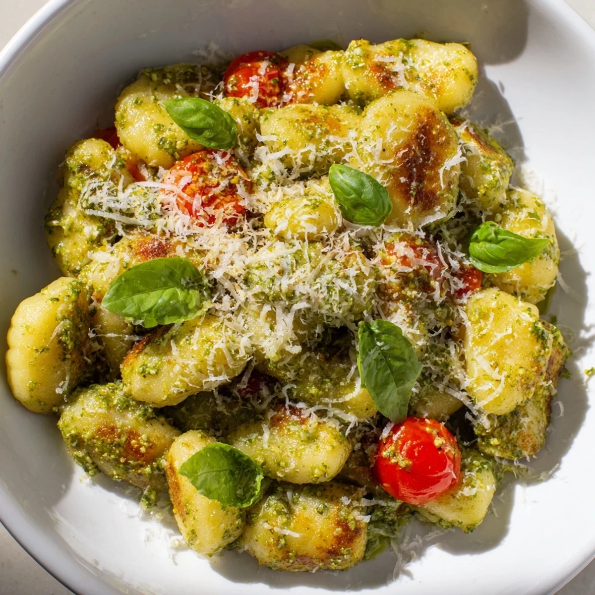 Crispy Gnocchi with Pesto: Golden, pan-fried gnocchi glistening with vibrant basil pesto, delicious cherry tomatoes.