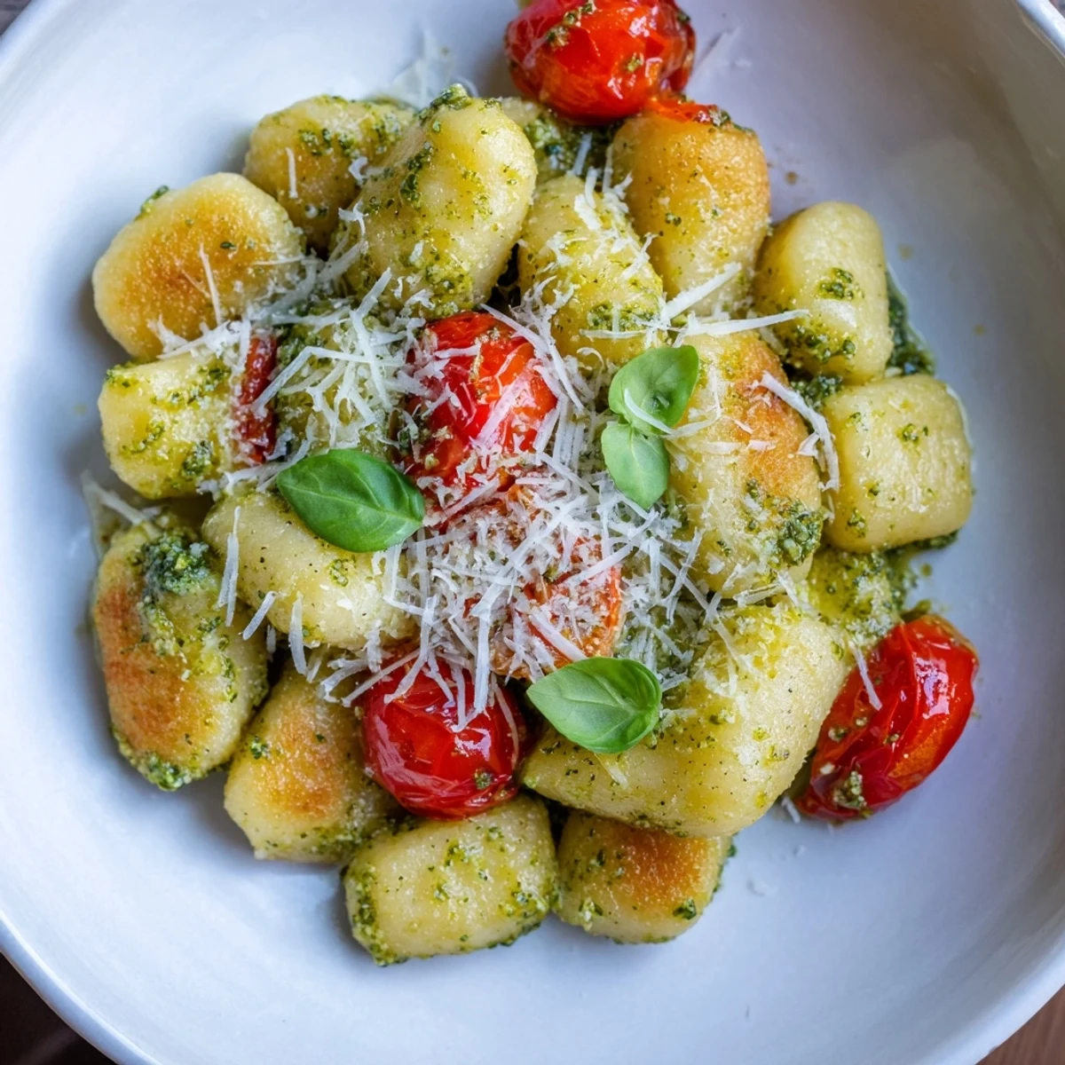 Enjoy a plate of Crispy Gnocchi with Pesto, topped with Parmesan and fresh basil, ready to eat.