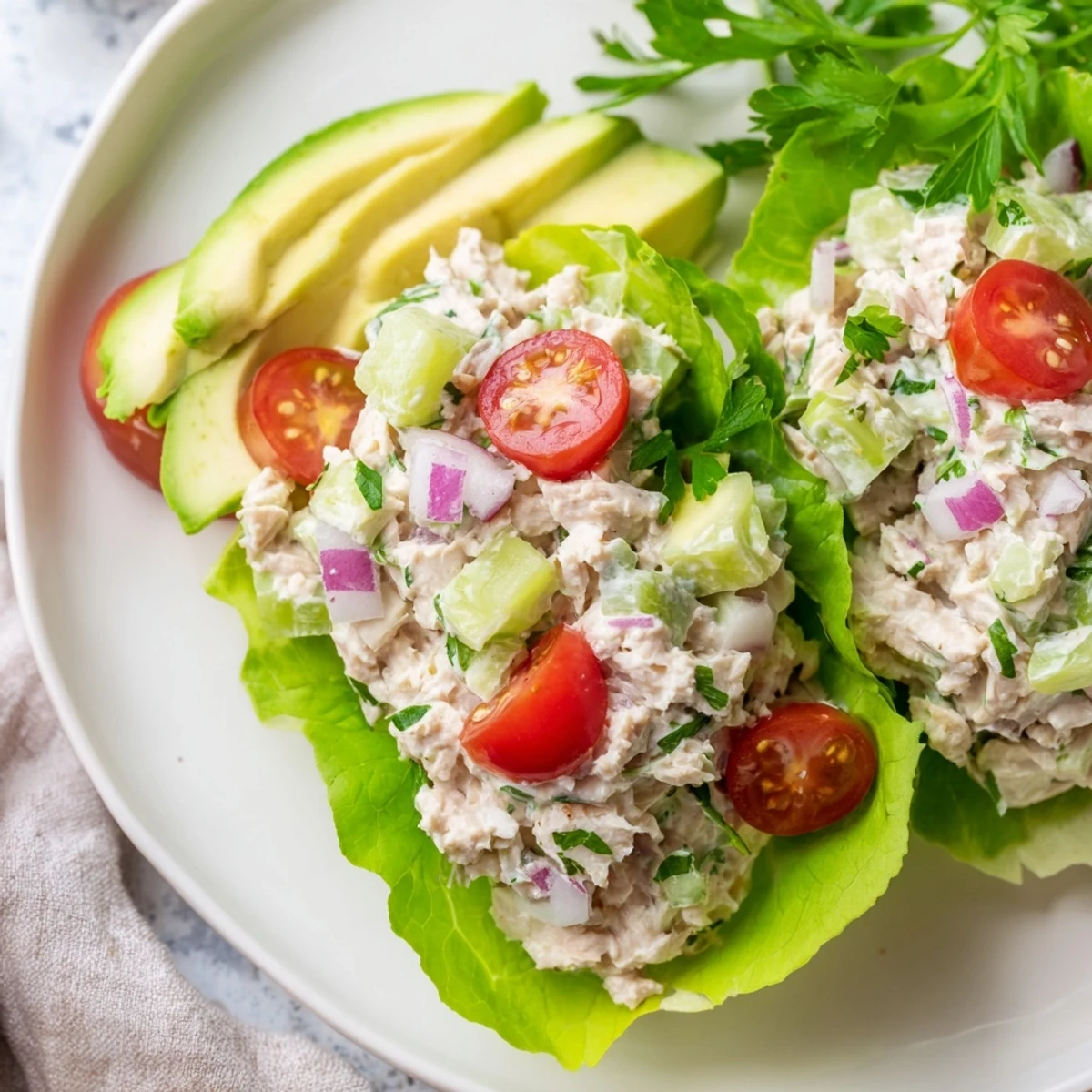 Fresh tuna salad lettuce wraps, a flavorful low-carb lunch with creamy filling and crisp lettuce.