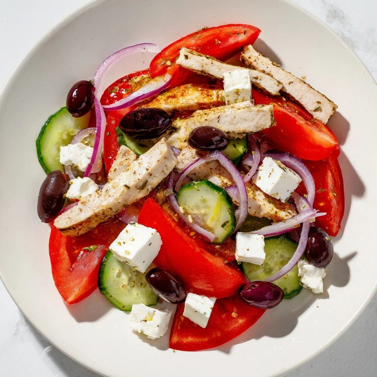 Greek salad with grilled chicken, boasting vibrant colors and tender chicken, ready to eat.