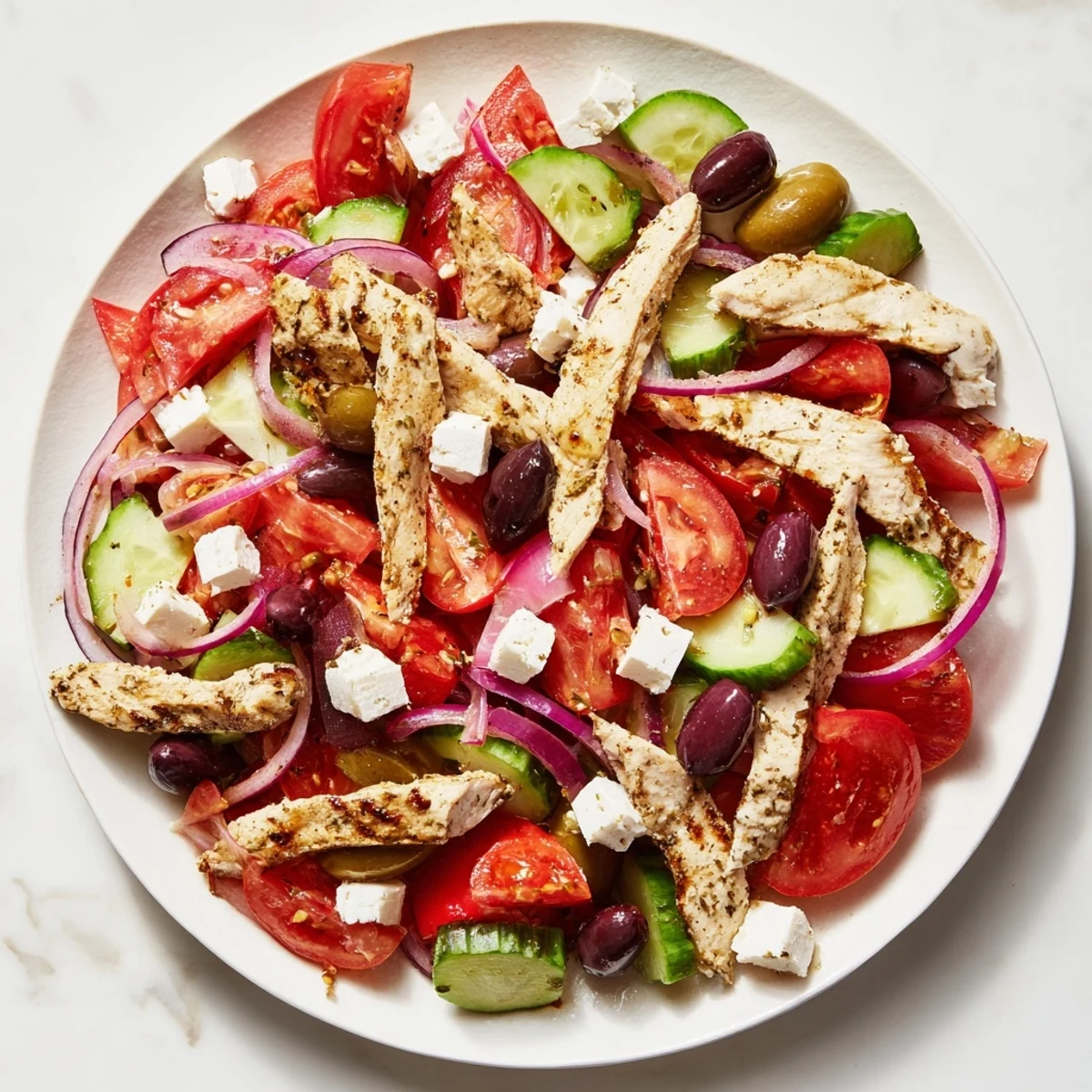 A refreshing bowl of flavorful Greek salad with grilled chicken, perfect for a healthy and satisfying meal.