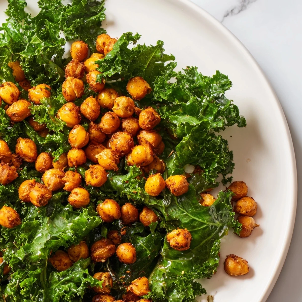 Warm Kale Salad with Crispy Chickpeas, a colorful dish with crunchy chickpeas and bright lemon dressing.