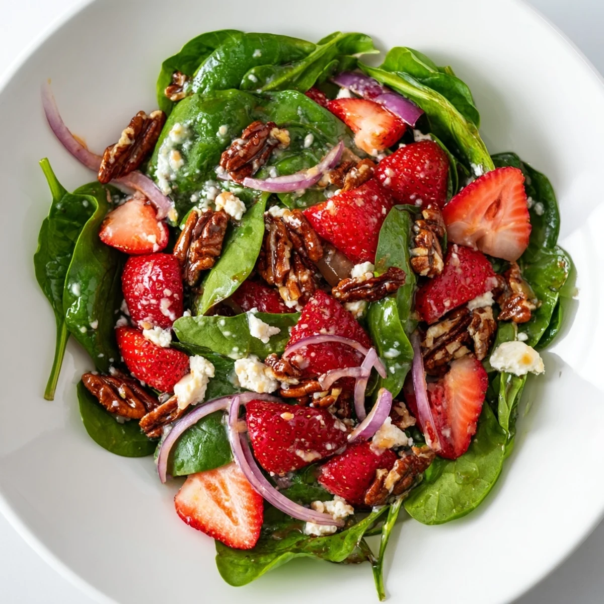 Fresh strawberry spinach salad tossed with poppy seed dressing, perfect for a summer lunch.