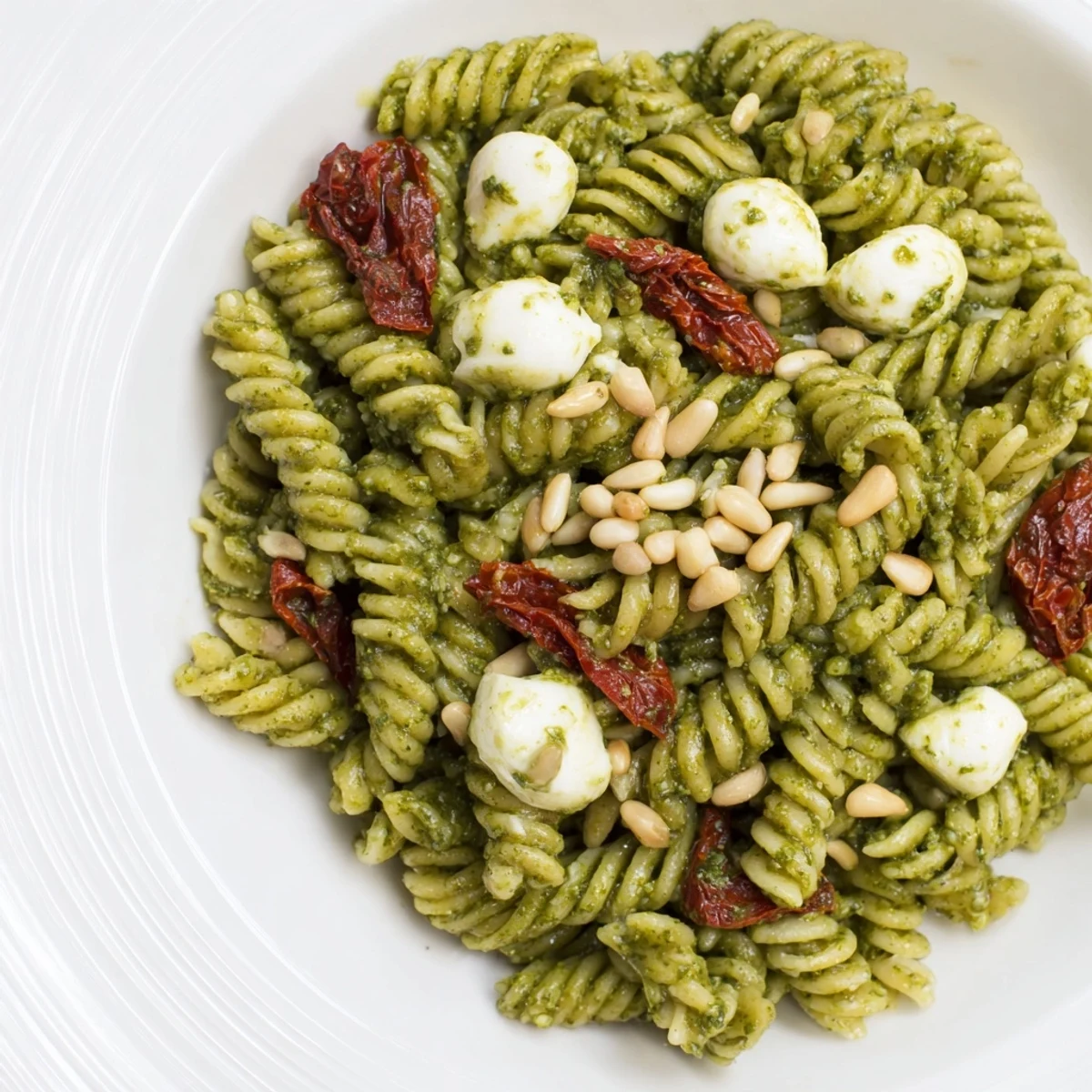 This pesto pasta salad features bright green pesto, perfectly cooked pasta, and colorful vegetables.