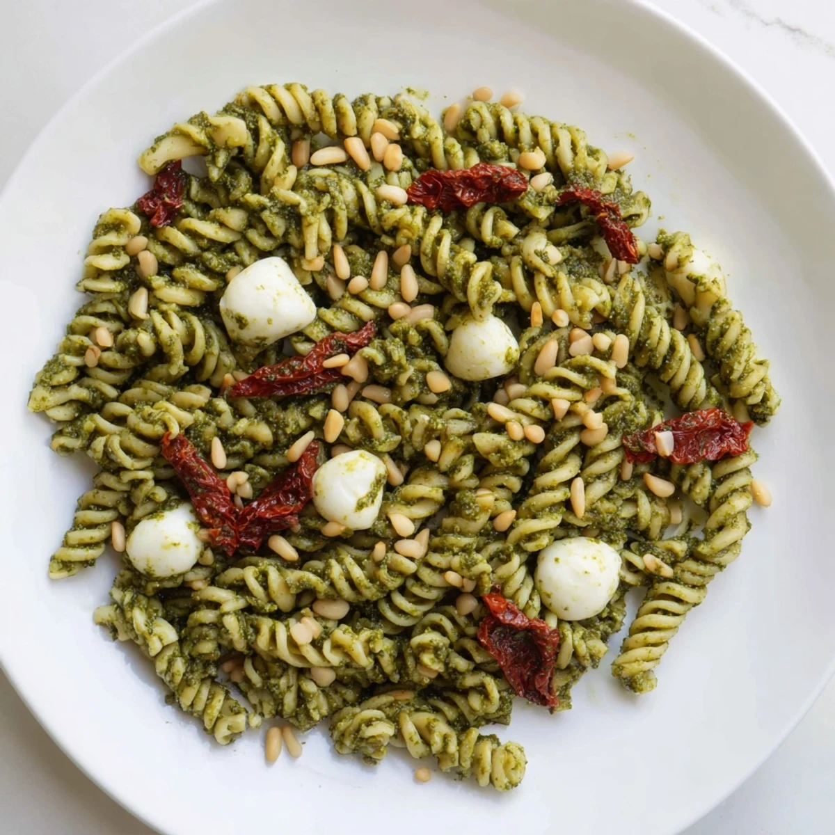 Pesto pasta salad with burst of sun-dried tomatoes, creamy mozzarella, and toasted pine nuts.