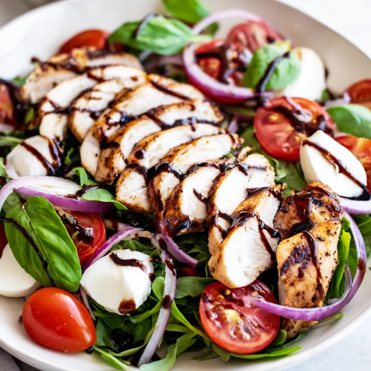 A close-up of a flavorful Caprese Chicken Salad showcasing creamy mozzarella and grilled chicken.