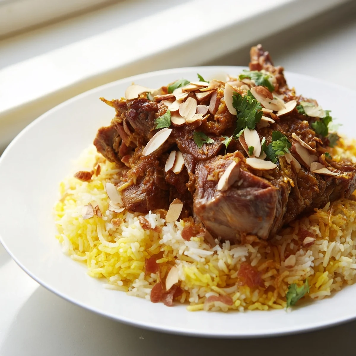 Aromatic Qatari Majboos with golden-brown lamb and flavorful basmati rice, ready to be served.