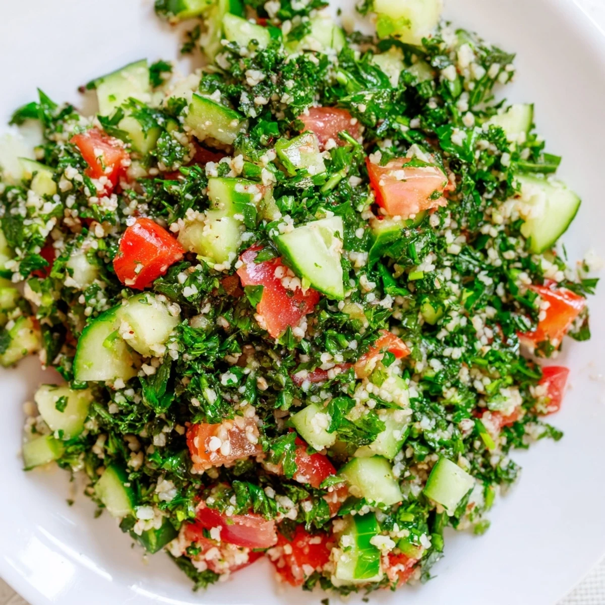 Vibrant Lebanese Tabbouleh salad bursting with fresh parsley and juicy tomatoes, ready to serve.