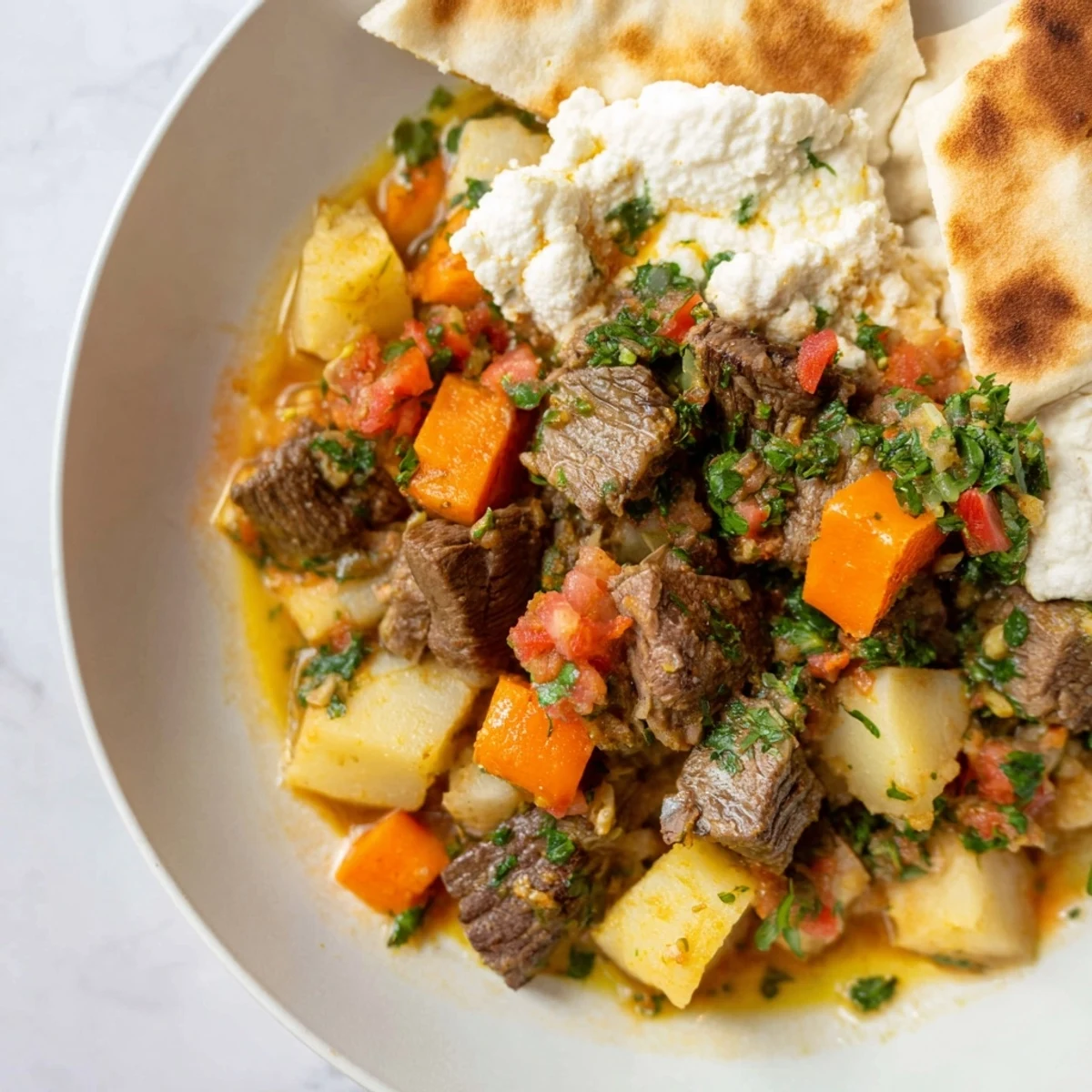 Steaming bowl of Yemeni Saltah stew featuring tender meat and fluffy fenugreek topping.